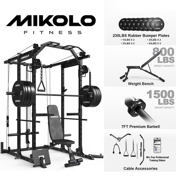 Mikolo Power Rack Cage, 1500LBS Weight Cage with 800LB Capacity Adjustable Weight Bench, 1500LB Capacity Barbell and 230LB Weight Plate set(Black)