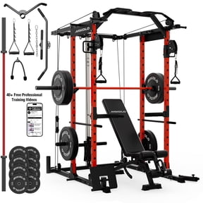 Mikolo Power Cage, Squat Rack with Dual Pulley Cable Crossover System, Multifunction Free Weight Home Gym Workout Machine with Attachmenteds Red