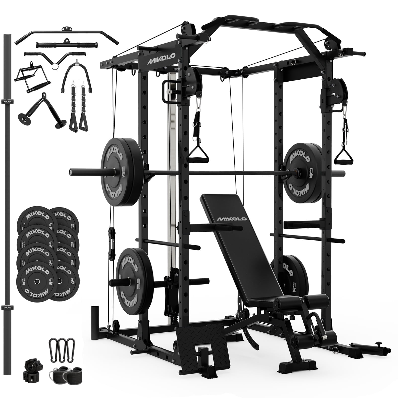 Mikolo Power Rack Cage, 1500LBS Weight Cage with 800LB Capacity Adjustable Weight Bench, 1500LB Capacity Barbell and 230LB Weight Plate set Black