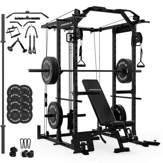 Mikolo Power Rack Cage, 1500LBS Weight Cage with 800LB Capacity Adjustable Weight Bench, 1500LB Capacity Barbell and 230LB Weight Plate set Black