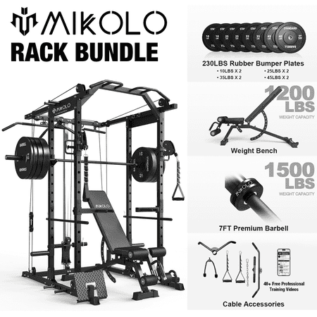 Mikolo Power Rack Cage, 1500LBS Weight Cage with 800LB Capacity Adjustable Weight Bench, 1500LB Capacity Barbell and 230LB Weight Plate set