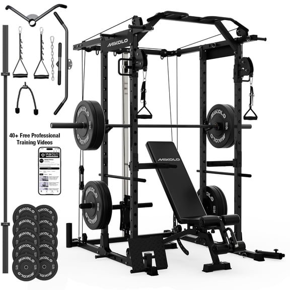 Mikolo Power Rack Cage, 1500LBS Weight Cage with 800LB Capacity Adjustable Weight Bench, 1500LB Capacity Barbell and 260LB Weight Plate set, Black