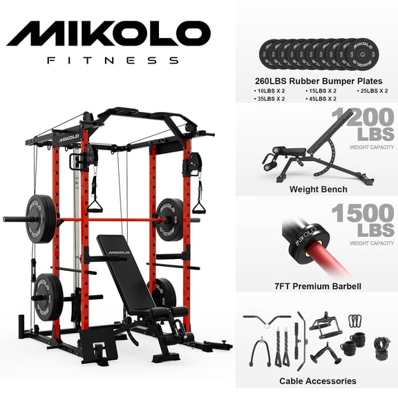 Mikolo Power Rack Cage, 1500LBS Weight Cage with 800LB Capacity Adjustable Weight Bench, 1500LB Capacity Barbell and 260LB Weight Plate set ( Red )