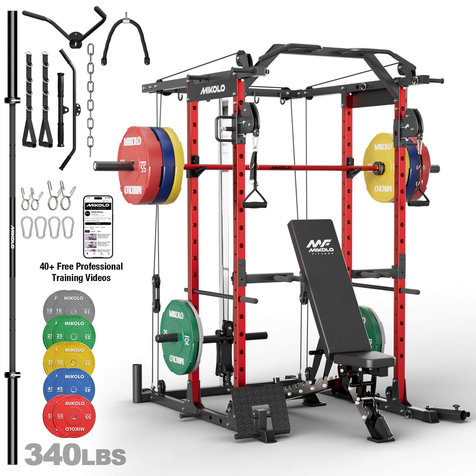 Mikolo Power Rack Cage, 1500LBS Weight Cage with 800LB Capacity Adjustable Weight Bench, 1500LB Capacity Barbell and 340LB Colorful Weight Plate set ( Red )