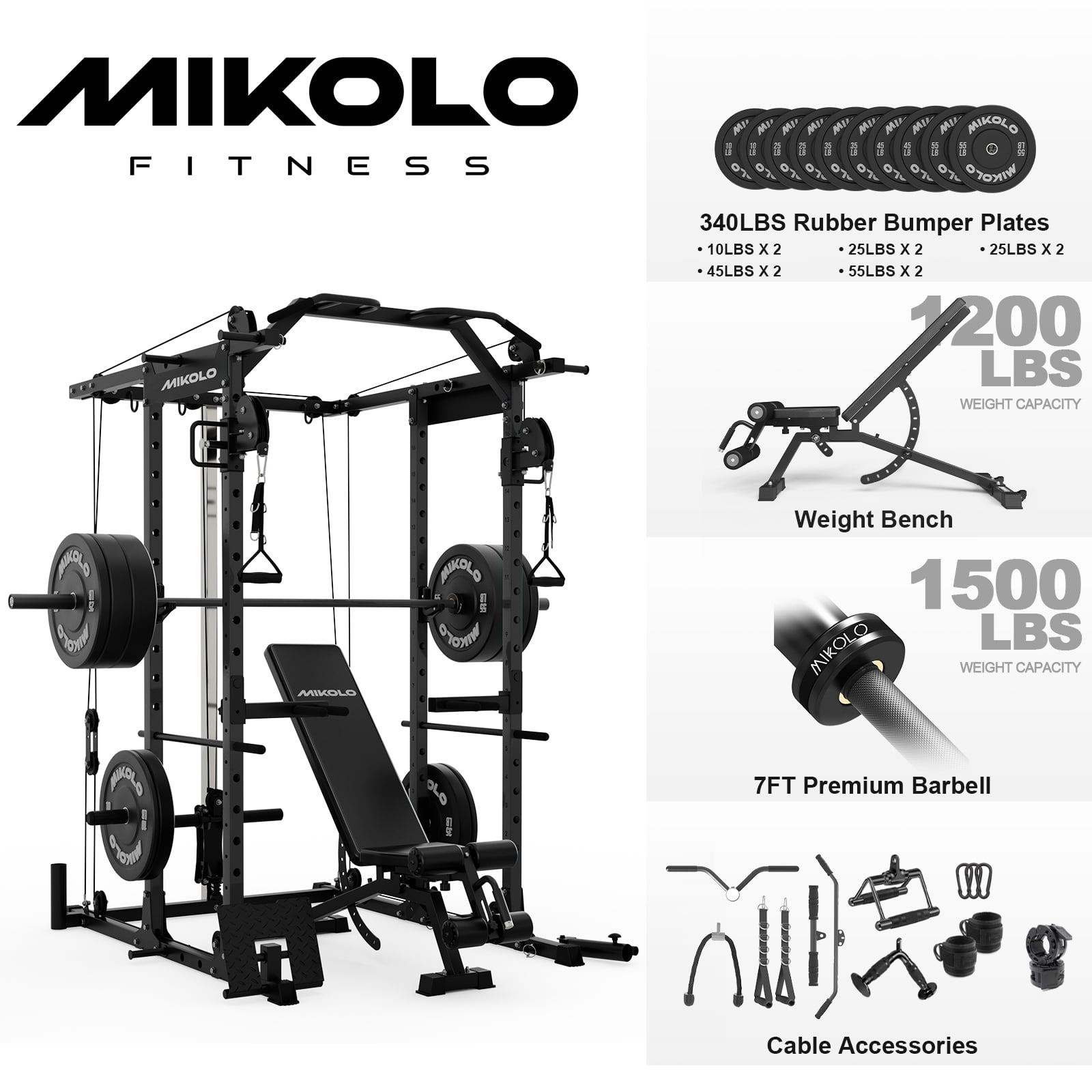 Mikolo Power Rack Cage, 1500LBS Weight Cage with 800LB Capacity Adjustable Weight Bench, 1500LB Capacity Barbell and 340LB Weight Plate set