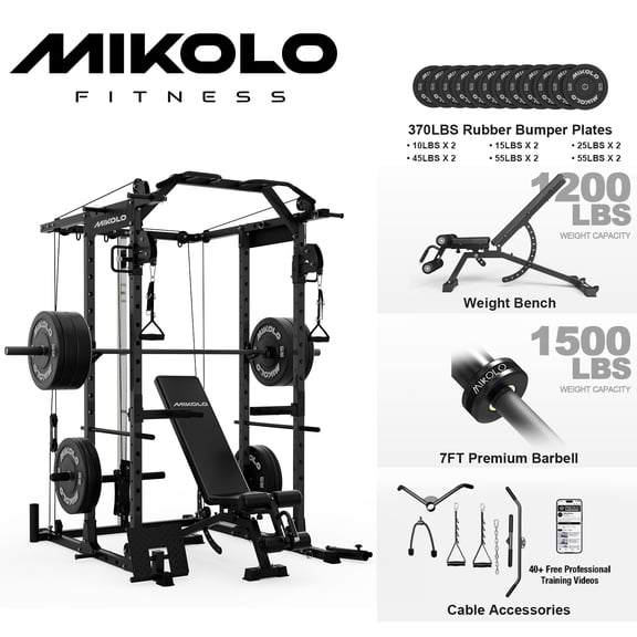 Mikolo Power Rack Cage, 1500LBS Weight Cage with 800LB Capacity Adjustable Weight Bench, 1500LB Capacity Barbell and 370LB Weight Plate Set Black