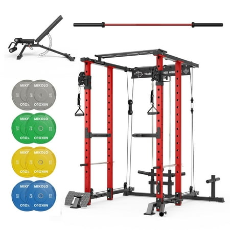 Mikolo Power Rack Cage, Squat Rack with Cable Crossover Machine, 230lbs Weight Plate, Multi-Function Power Cage with J Hooks,Dip Bars and Landmine for Home Gym