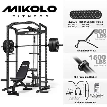 Mikolo Power Rack Cage with LAT Pulldown System,1200 lbs Capacity Power Rack with 800 lbs Capacity Weight Bench and 1500 lbs Capacity Barbell Combo (260B)