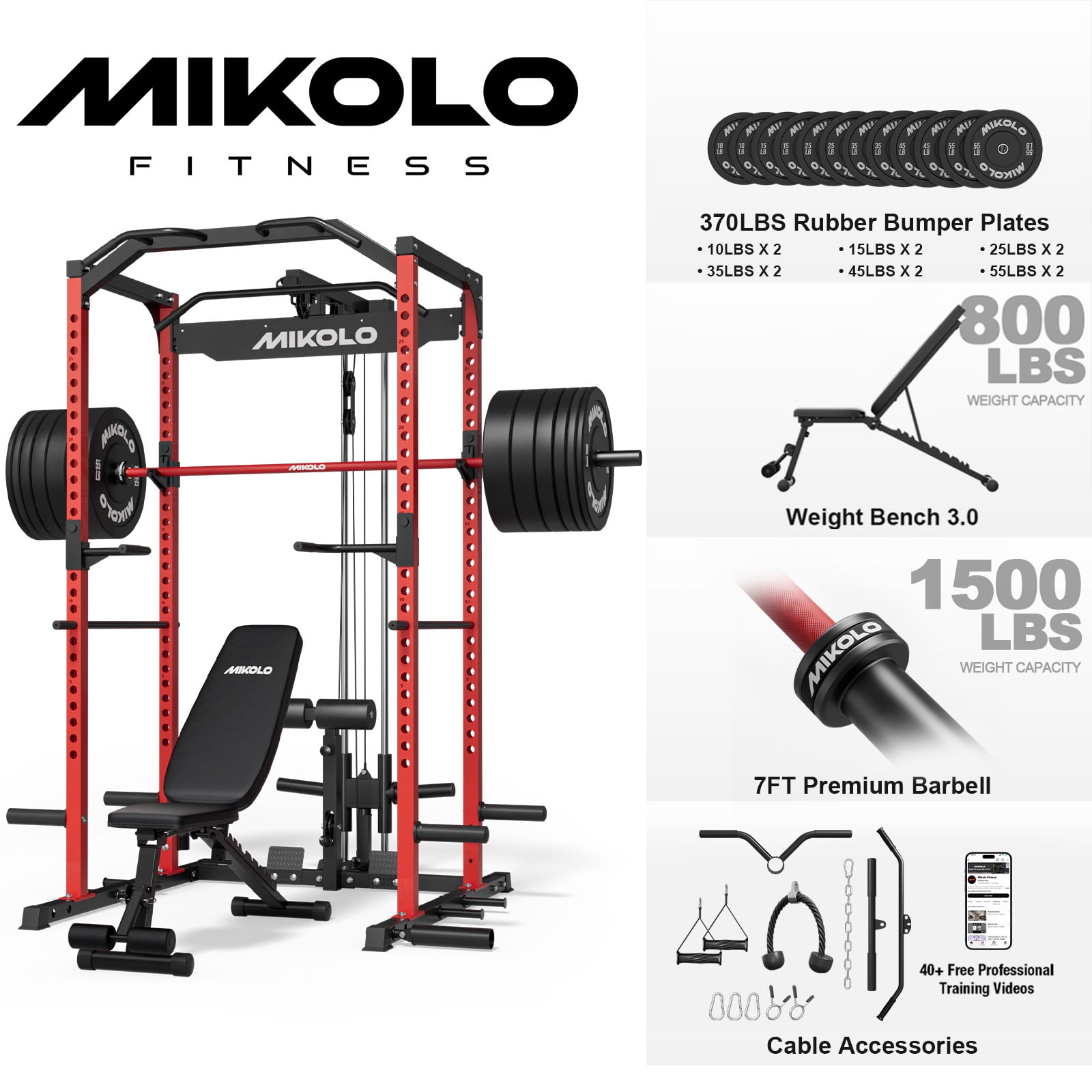 Power Cage-Red/ Home Gym Package(370LB Black Plates）