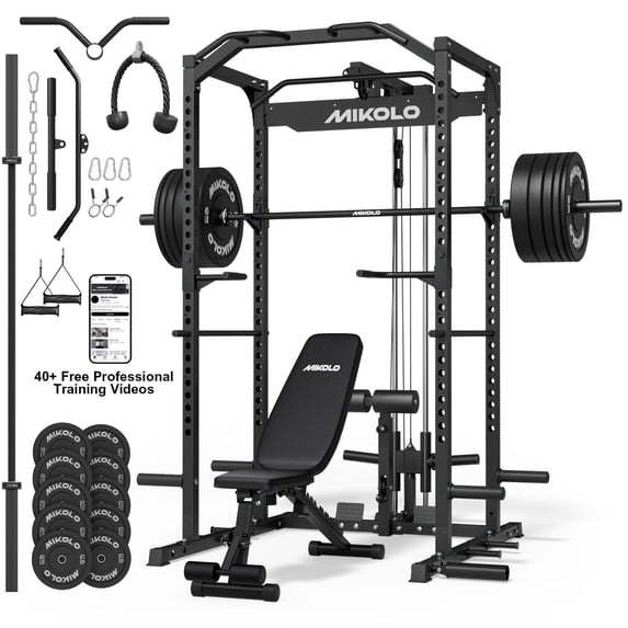Mikolo Power Rack Cage with LAT Pulldown System,1200 lbs Capacity Power Rack with 800 lbs Capacity Weight Bench and 1500 lbs Capacity Barbell (260B Combo)