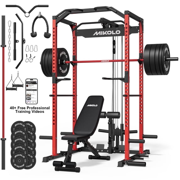 Mikolo Power Rack Cage with LAT Pulldown System,1200 lbs Capacity Power Rack with 800 lbs Capacity Weight Bench and 1500 lbs Capacity Barbell (340R Combo)