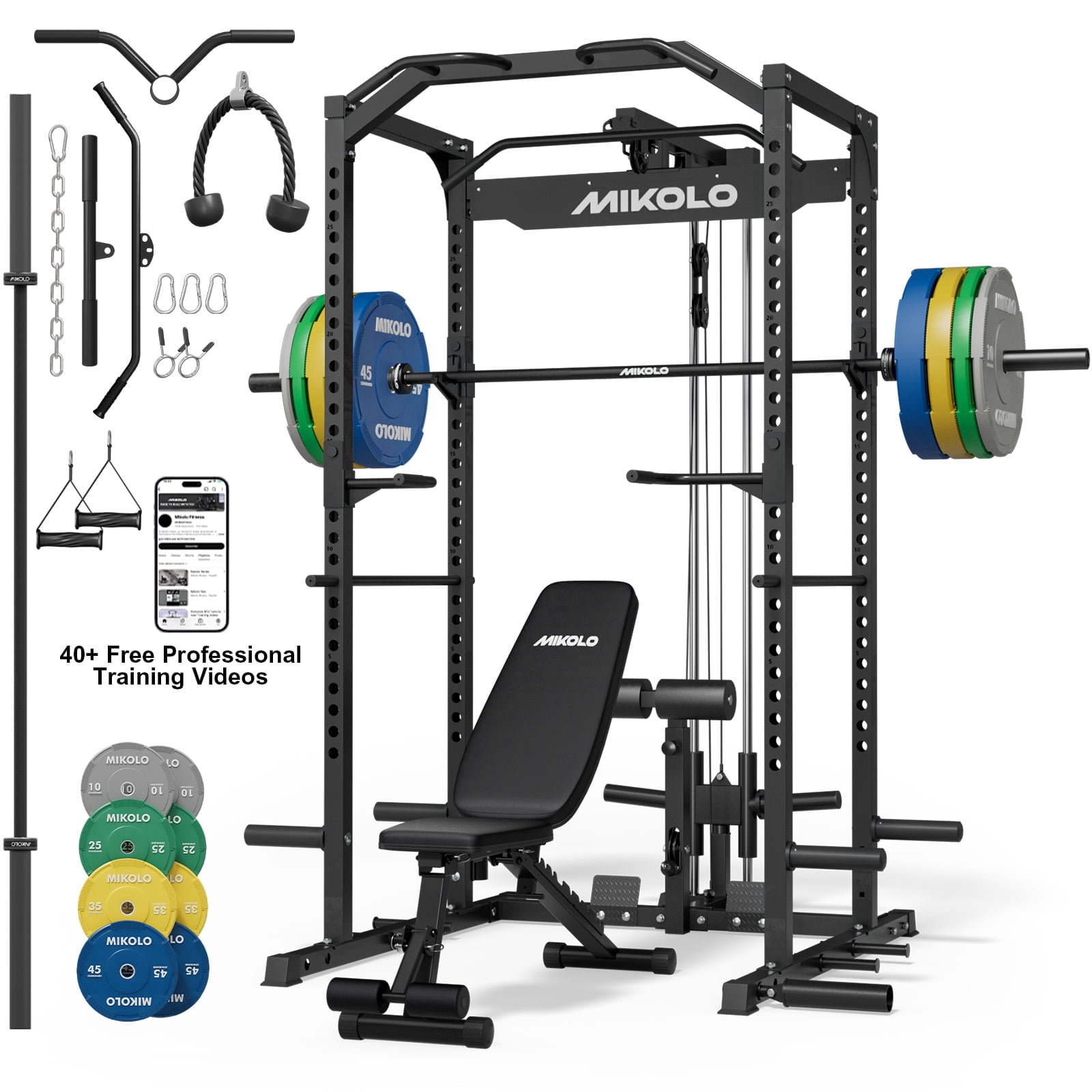 Mikolo Power Rack Cage with LAT Pulldown System,1200 lbs Capacity Power Rack with 800 lbs Capacity Weight Bench and 1500 lbs Capacity Barbell Combo (230Black)
