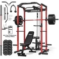 thumbnail image 1 of Mikolo Power Rack Cage with LAT Pulldown System,1200 lbs Capacity Power Rack with 800 lbs Capacity Weight Bench and 1500 lbs Capacity Barbell Combo (260 Red), 1 of 18