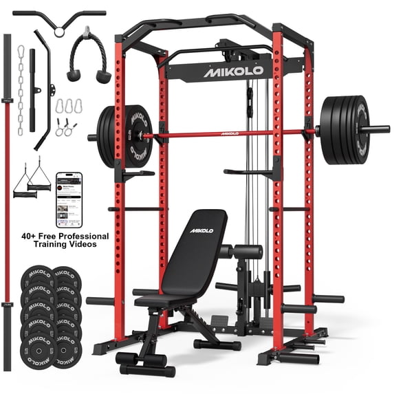 Mikolo Power Rack Cage with LAT Pulldown System,1200 lbs Capacity Power Rack with 800 lbs Capacity Weight Bench and 1500 lbs Capacity Barbell Combo (260 Red)