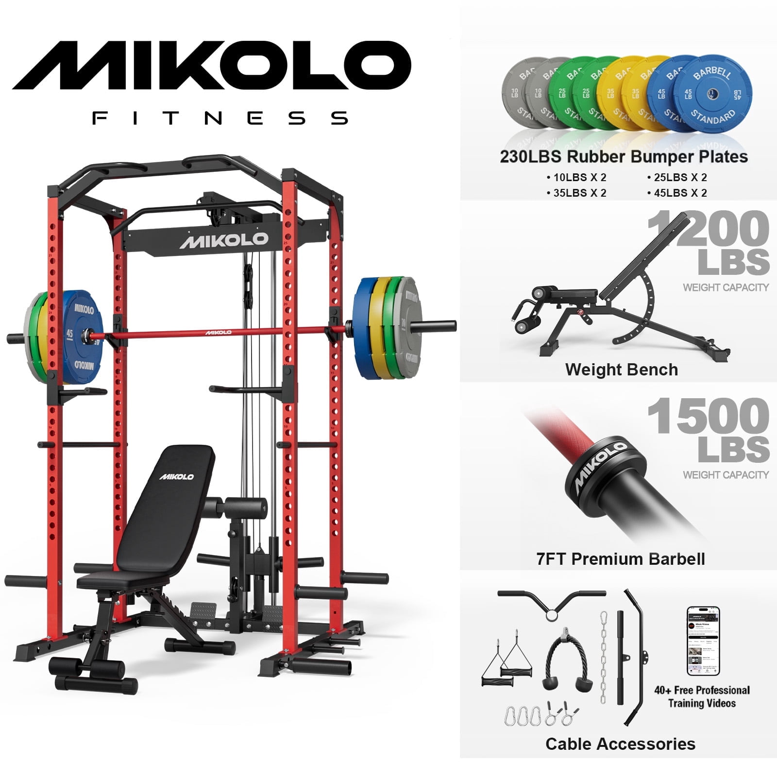 Mikolo Power Rack Cage with LAT Pulldown System,1200 lbs Capacity Power Rack with 800 lbs Capacity Weight Bench and 1500 lbs Capacity Barbell Combo (Upgraded)
