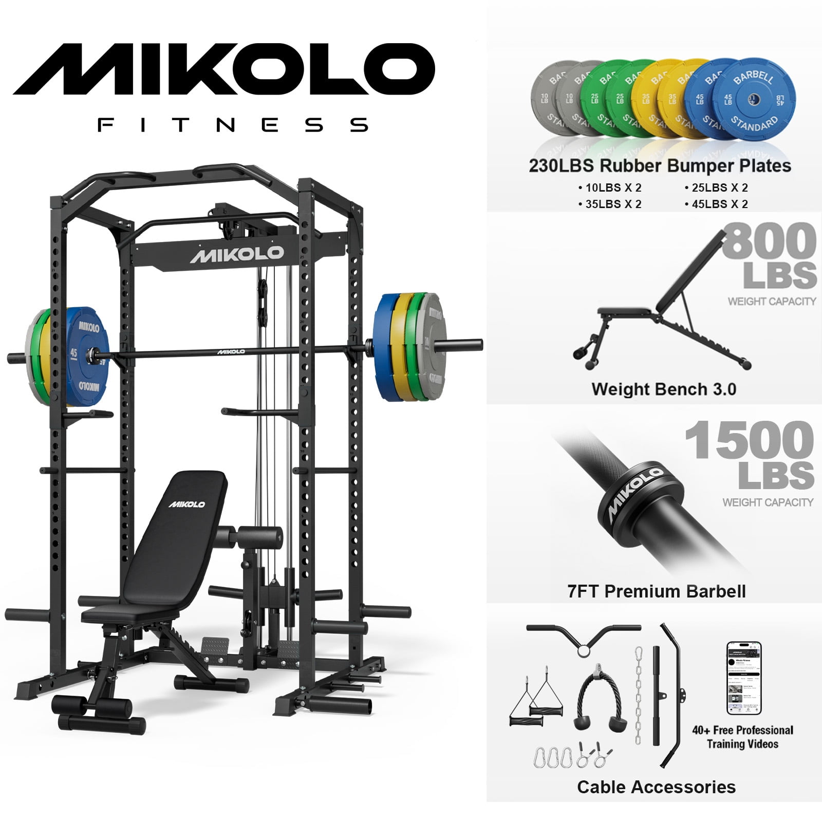 Mikolo Power Rack Cage with LAT Pulldown System,1200 lbs Capacity