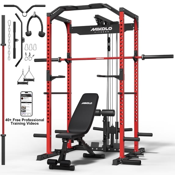 Mikolo Power Rack Cage with LAT Pulldown System, 1200 lbs Capacity Power Rack with 800 lbs Capacity Weight Bench and 1500 lbs Capacity Barbell Combo (Upgraded)
