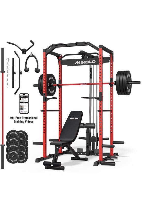 Power Rack Cage with LAT Pulldown System,1200 lbs Capacity Power Rack with 800 lbs Capacity Weight Bench and 1500 lbs Capacity Barbell(Red Combo)