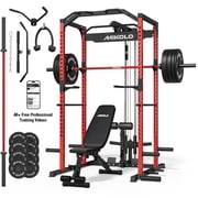 Mikolo Power Rack Cage with LAT Pulldown System,1200 lbs Capacity Power Rack with 800 lbs Capacity Weight Bench and 1500 lbs Capacity BarbellRed Combo
