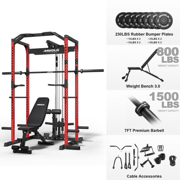Mikolo Power Rack Cage with LAT Pulldown System,1200 lbs Capacity Power Rack with 800 lbs Capacity Weight Bench and 1500 lbs Capacity Barbell(Red Combo)