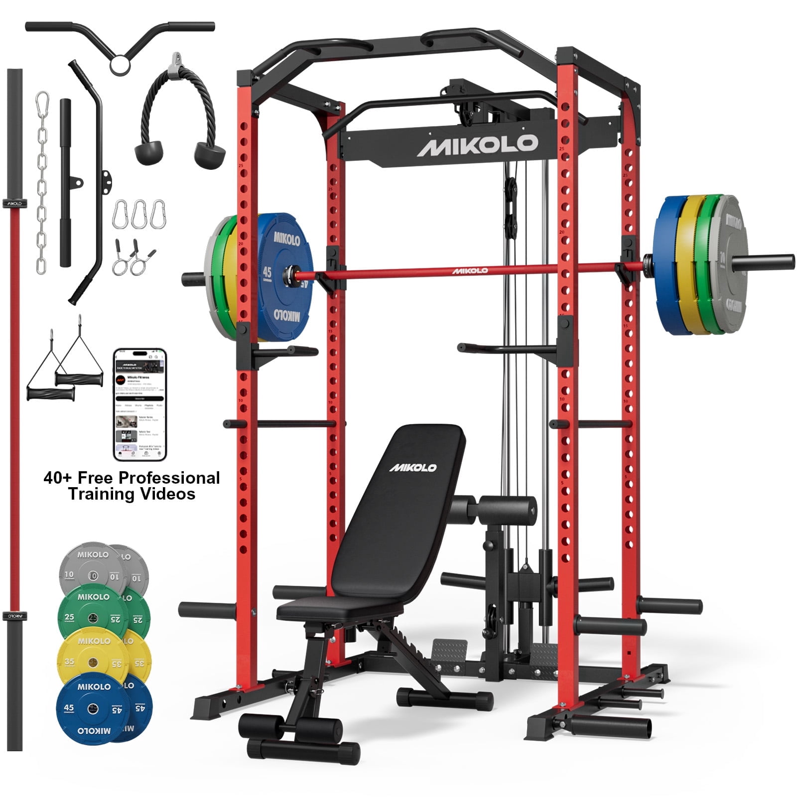 Mikolo Power Rack Cage with LAT Pulldown System,1200 lbs Capacity Power Rack with 800 lbs Capacity Weight Bench and 1500 lbs Capacity Barbell (Upgraded Red Combo )