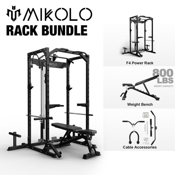 Mikolo Power Rack Cage with LAT Pulldown System,1200LBS Capacity Power Rack with 800 lbs Capacity Weight Bench Combo, Multi-Functional Squat Rack (Upgraded)