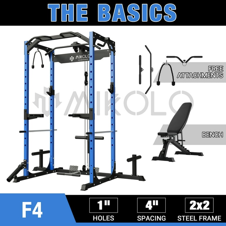 Mikolo Power Rack Cage with LAT Pulldown System,1200LBS Capacity Power Rack  with 800 lbs Capacity Weight Bench Combo, Multi-Functional Squat Rack  (Upgraded) 