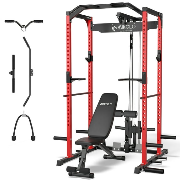 Mikolo Power Rack Cage with LAT Pulldown System,1200LBS Capacity Power Rack with 800 lbs Capacity Weight Bench Combo, Multi-Functional Squat Rack (Upgraded)