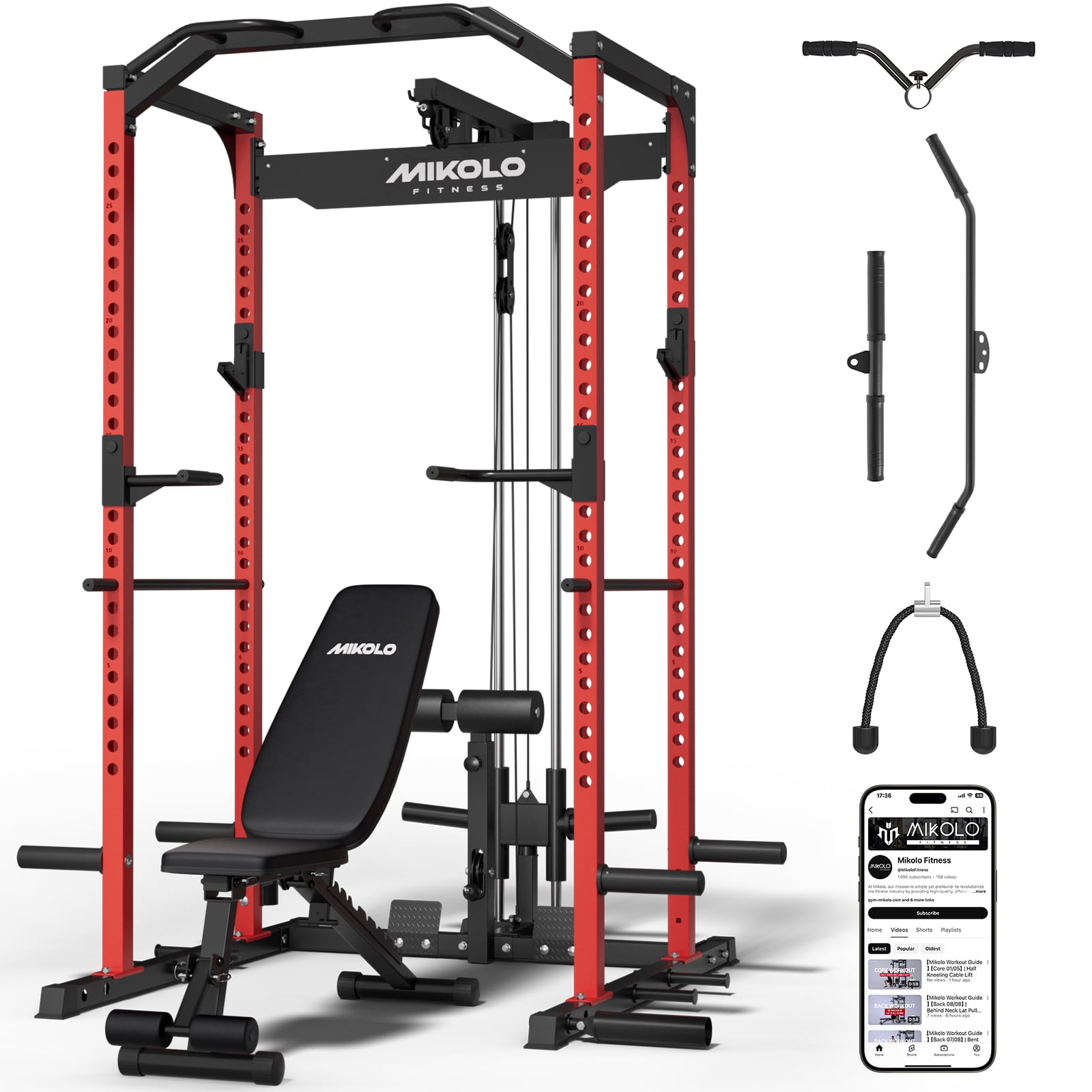 Mikolo Home Gym Power Rack Cage with LAT Pulldown, 1200LBS