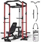 Mikolo Power Rack Cage with LAT Pulldown System,1200LBS Capacity Power Rack with 800 lbs Capacity Weight Bench Combo, Multi-Functional Squat Rack Upgraded