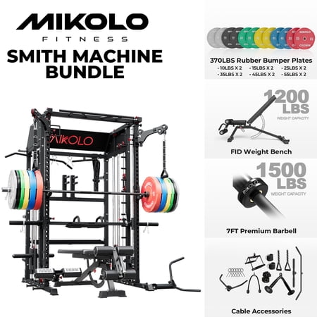 Mikolo Smith Machine Home Gym, All-in-One Power Rack with Smith Cage and Functional Trainer, Squat Rack with 2:1 Dual Pulley Cable System and Extended Forward Reach, Vertical Leg Press