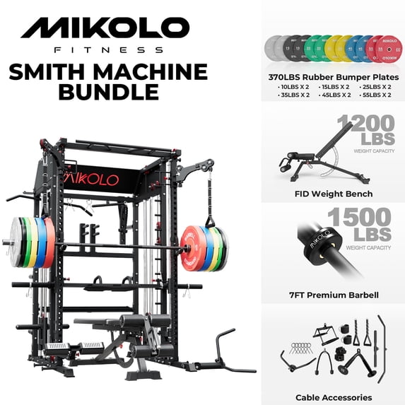 Mikolo Smith Machine Home Gym, All-in-One Power Rack with Smith Cage and Functional Trainer, Squat Rack with 2:1 Dual Pulley Cable System and Extended Forward Reach, Vertical Leg Press