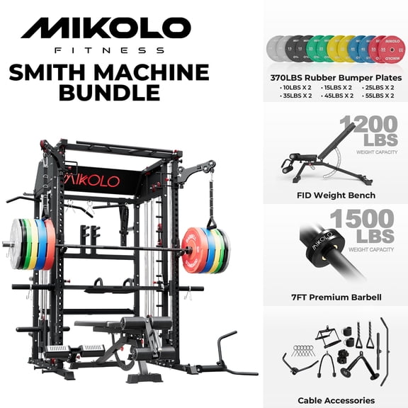 Mikolo Smith Machine Home Gym, All-in-One Power Rack with Smith Cage and Functional Trainer, Squat Rack with 2:1 Dual Pulley Cable System and Extended Forward Reach, Vertical Leg Press
