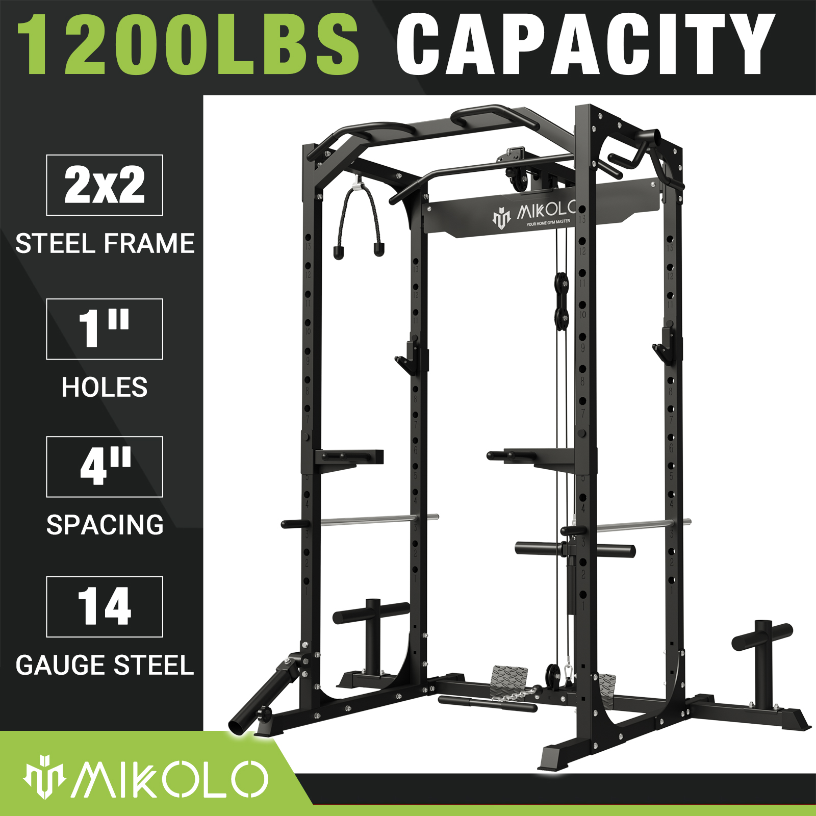 Mikolo Power Rack Cage with LAT Pulldown System,1200LBS Capacity Power