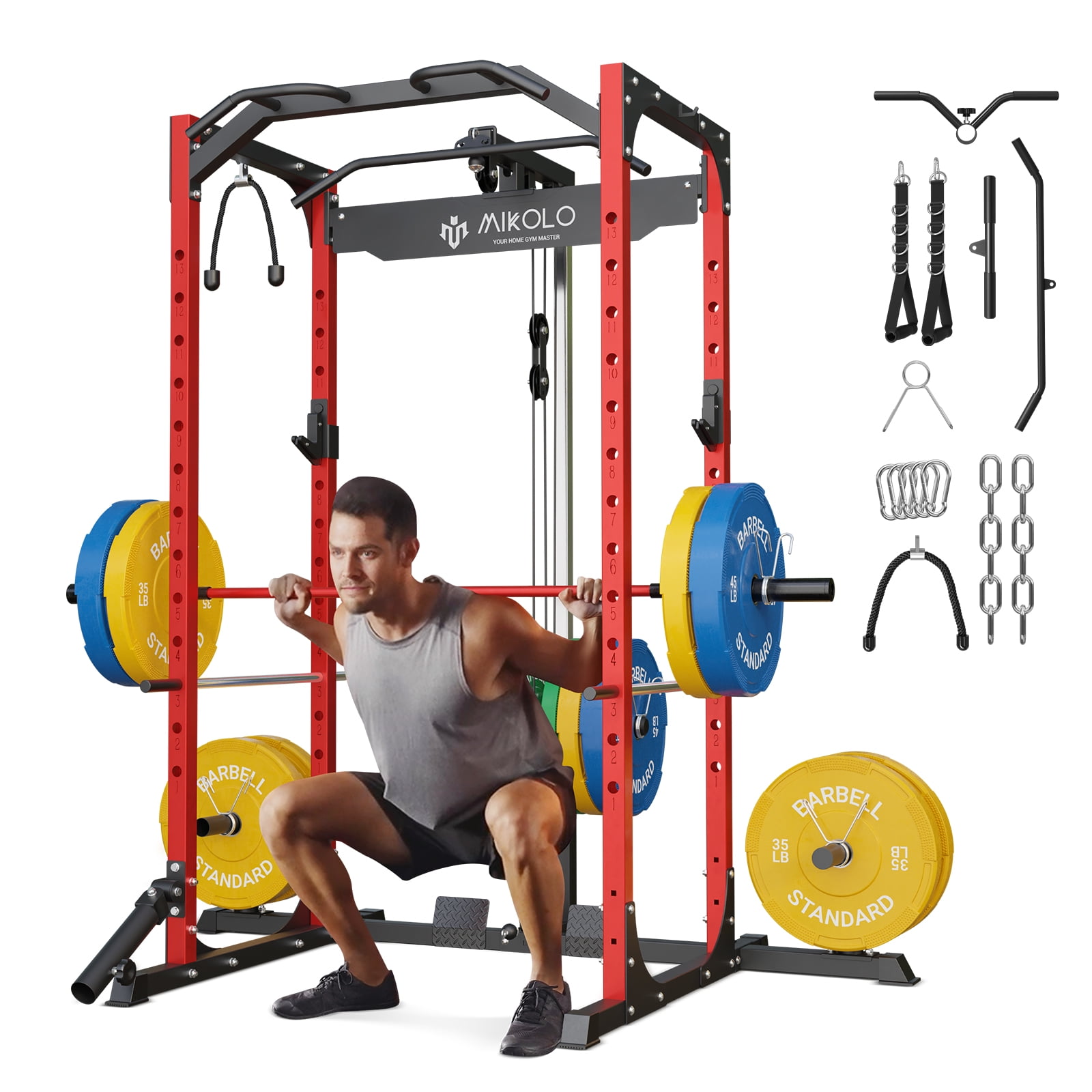 Mikolo Power Rack Cage with LAT Pulldown System 1200LBS Capacity Workout Rack Multi Functional Squat Rack with 13 Level Adjustable Height and