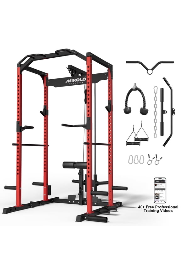 Multi-Functional Squat Rack with LAT Pulldown System Exercise Power Cages, Metal Red