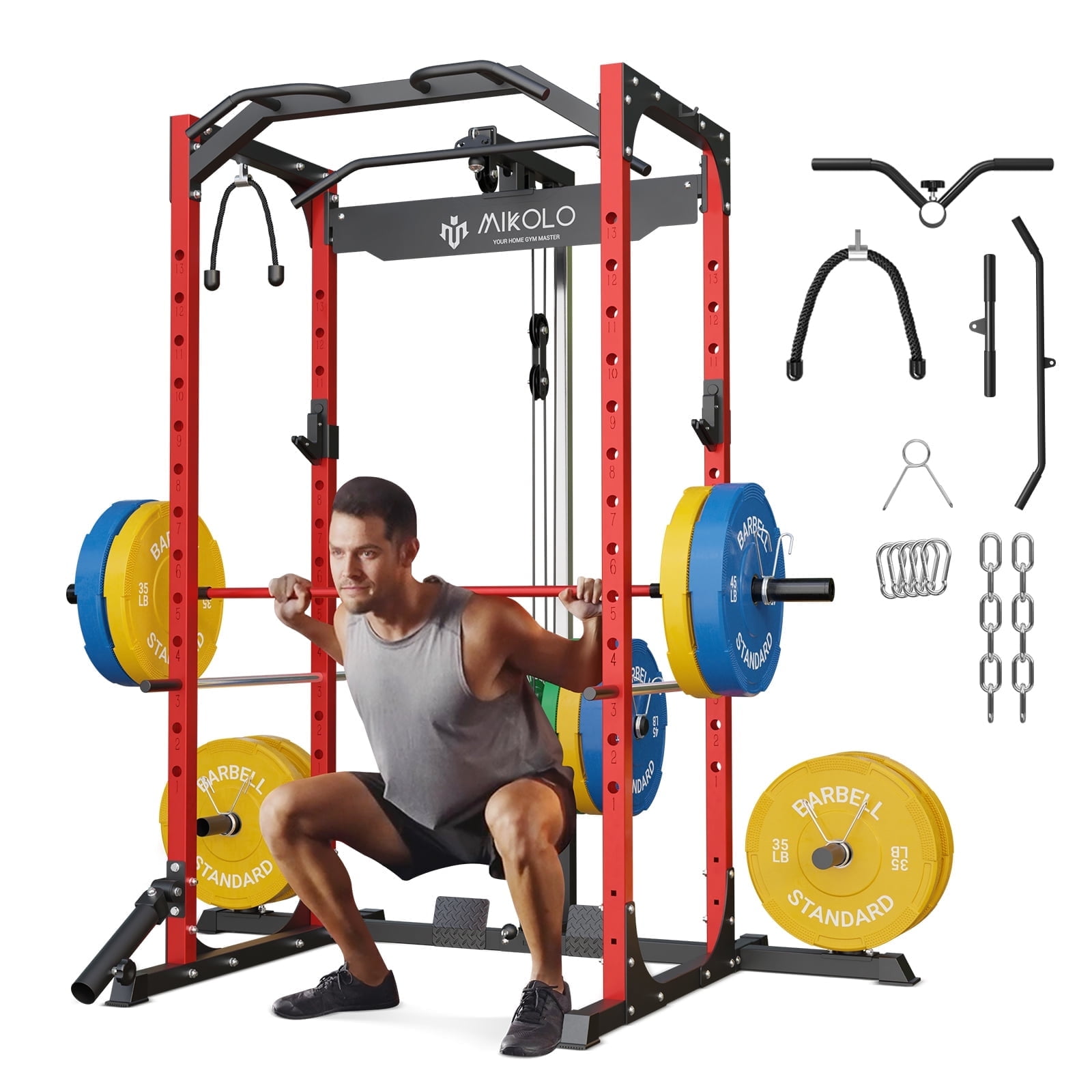 Mikolo Power Rack Cage System, 1200LBS Capacity, with LAT Pulldown, J-Hooks, Dip Bars (Upgraded)