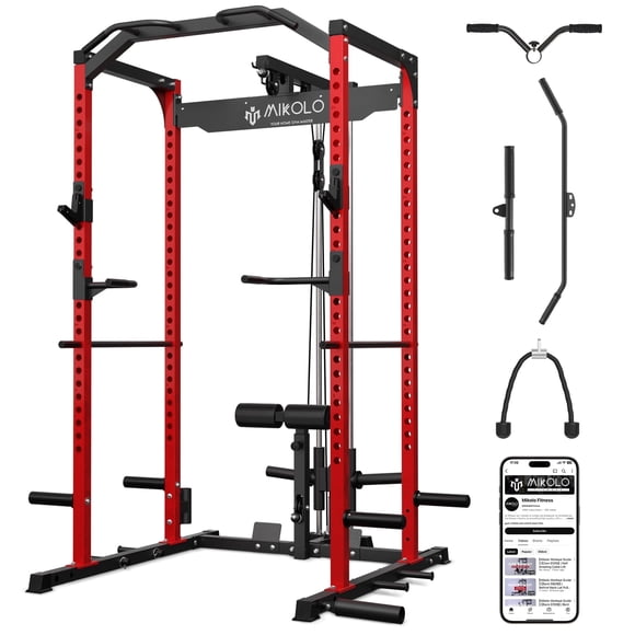 Mikolo Multi-Functional Squat Rack with LAT Pulldown System Exercise Power Cages, Metal Red