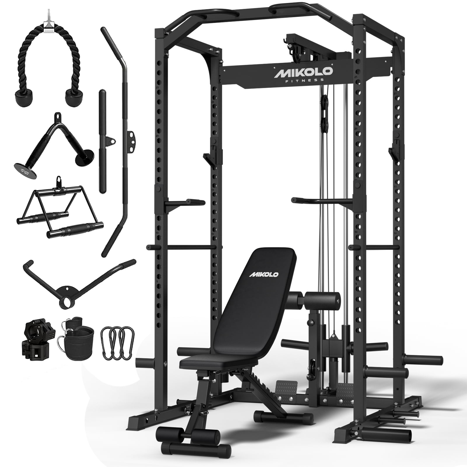 Mikolo Power Rack Cage with LAT Pulldown System,1200 lbs Capacity Power Rack with 800 lbs Capacity Weight Bench Cable Accessories, Black