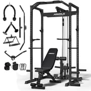 Mikolo Power Rack Cage with LAT Pulldown System,1200 lbs Capacity Power Rack with 800 lbs Capacity Weight Bench Cable Accessories, Black
