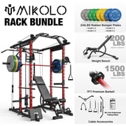 Mikolo Power Rack Cage, 1500LBS Weight Cage with 800LB Capacity Adjustable Weight Bench, 1500LB Capacity Barbell and 230LB Weight Colorful Plate Set Red