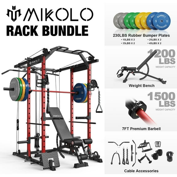 Mikolo Power Cage, Squat Rack with Dual Pulley Cable Crossover System, Multifunction Free Weight Home Gym Workout Machine with Attachments 230LB Plates