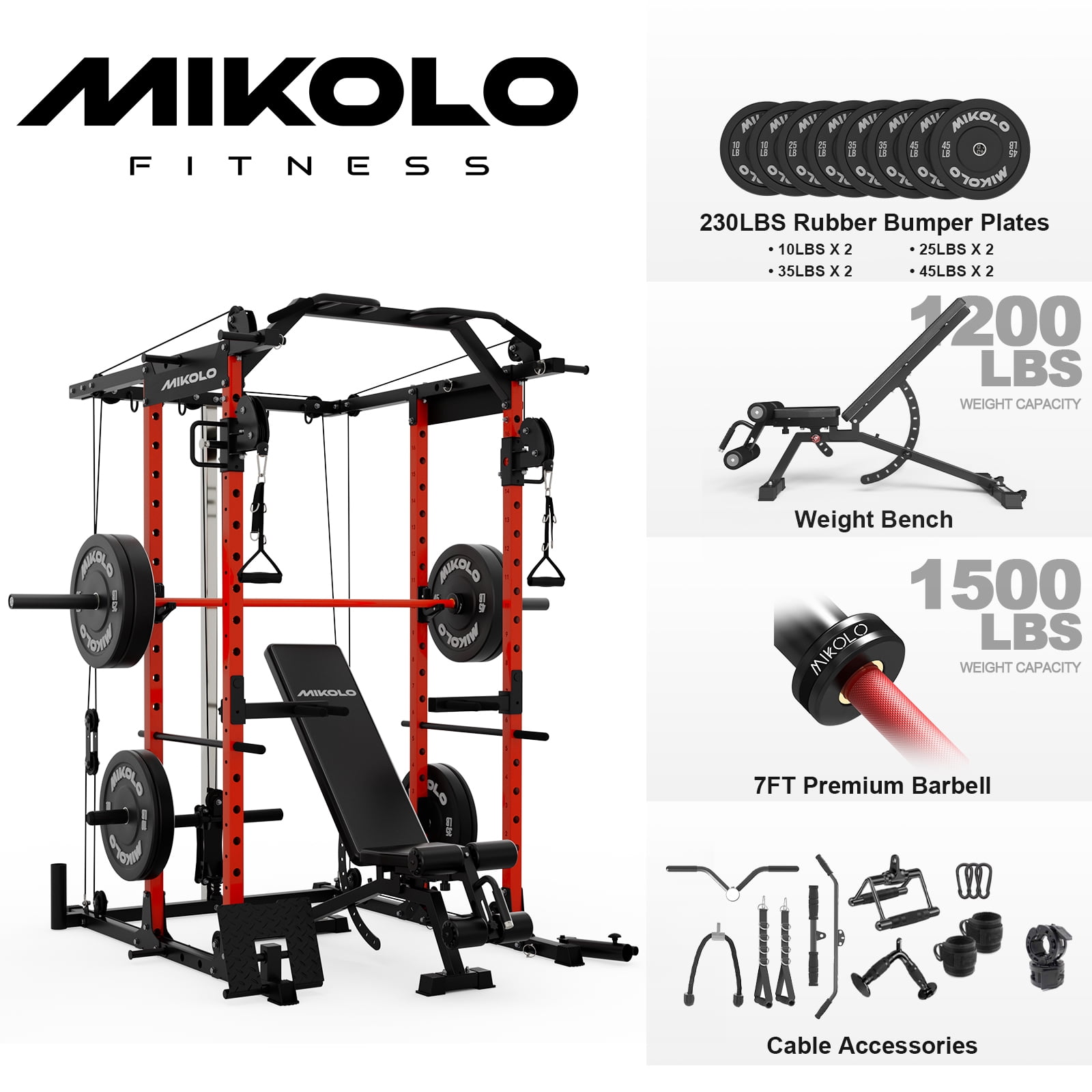 Power Cage - Red/WB00 Home Gym Package(230LBS Black Plates & Cable Accessories)