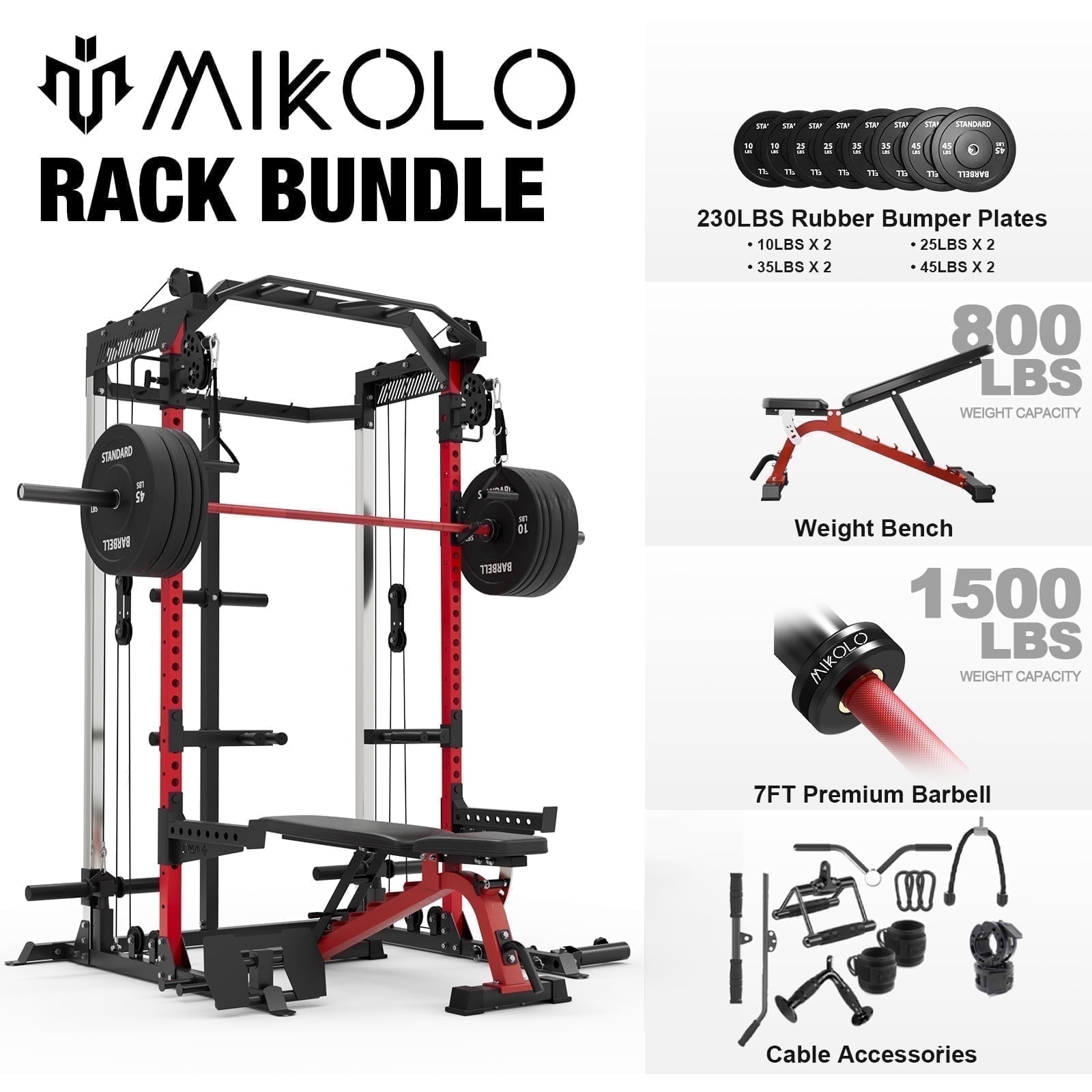 Mikolo Power Cage, Squat Rack with Dual Pulley Cable Crossover