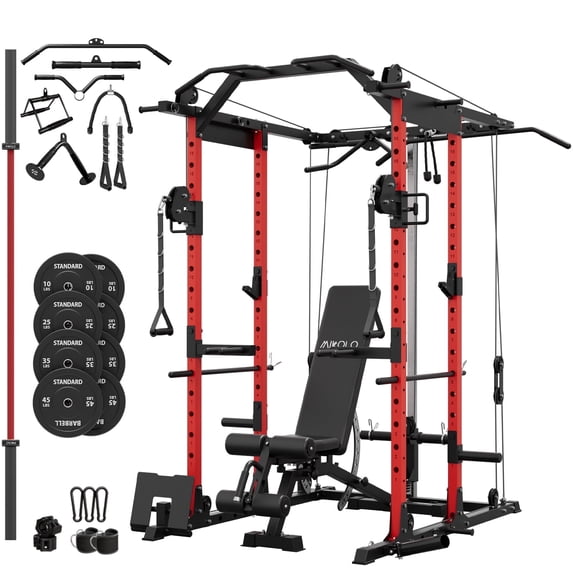 Mikolo Power Rack Cage, 1500LBS Weight Cage with 800LB Capacity Adjustable Weight Bench, 1500LB Capacity Barbell and 230LB Weight Plate Set Red