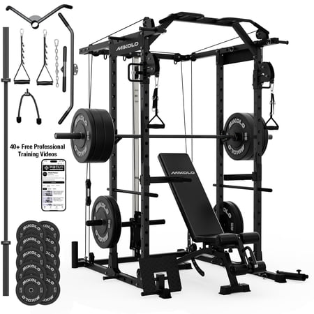 Mikolo Power Rack Cage, Weight Cage with 800LB Capacity Adjustable Weight Bench, 1500LB Capacity Barbell and 340LB Weight Plate set Combo Home Gym Package(B340)