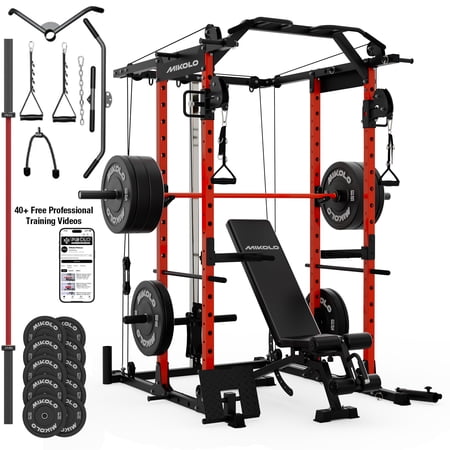 Mikolo Power Rack Cage, 1500LBS Weight Cage with 800LB Capacity Adjustable Weight Bench, 1500LB Capacity Barbell and 340LB Weight Plate set, Red