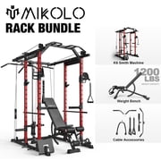 Mikolo Power Rack Cage, Weight Rack with Dual Pulley Cable Crossover Machine,Multi-Function Squat Rack with J Hooks,Dip Bars and Landmine for Home Gym Red