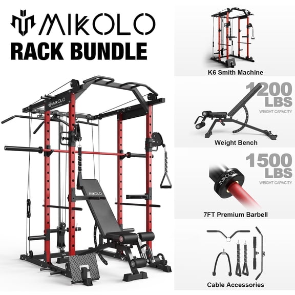 Mikolo Power Cage, Squat Rack with Dual Pulley Cable Crossover System, Multifunction Free Weight Home Gym Workout Machine with Attachments (Red)