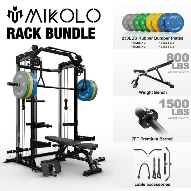 Mikolo Power Rack Cage Weight Rack with Dual Pulley Cable Crossover Machine Multi Function Squat Rack with J Hooks Dip Bars and Landmine for Home Gym